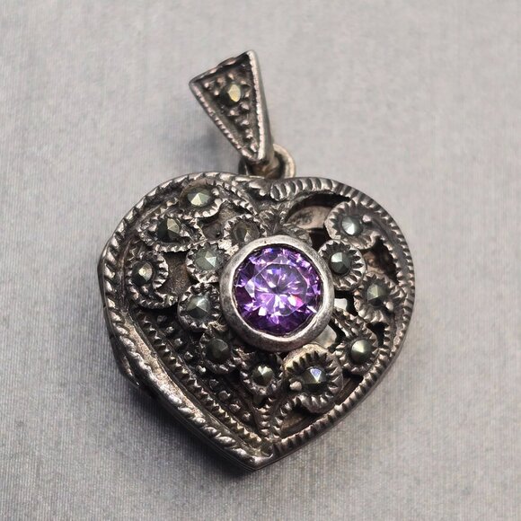 Charles Winston Jewelry - VTG Charles Winston Sterling Silver Amethyst Heart Locket Pendant 1" Signed CW